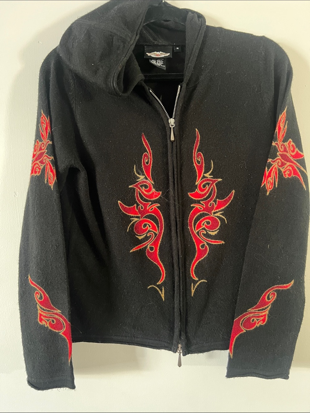 Harley Davidson Black Hooded Zip light sweater with Red tribal graphic design